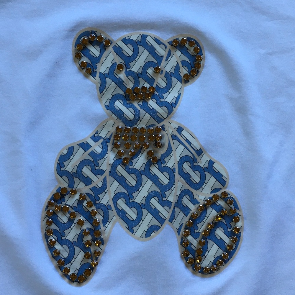 Burberry White Short Sleeve Tee with Blue & Gold Teddy Motif - Picture 2 of 6